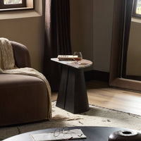 Bianca End Table with unique geometric base and stylish marble top, perfect for modern living spaces.