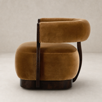Bodhi Swivel Chair in Surrey Ochre with plush upholstery and curved wooden armrest.