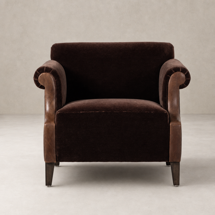 Serena Chair in Monte Chocolate featuring plush fabric and elegant curved arms.