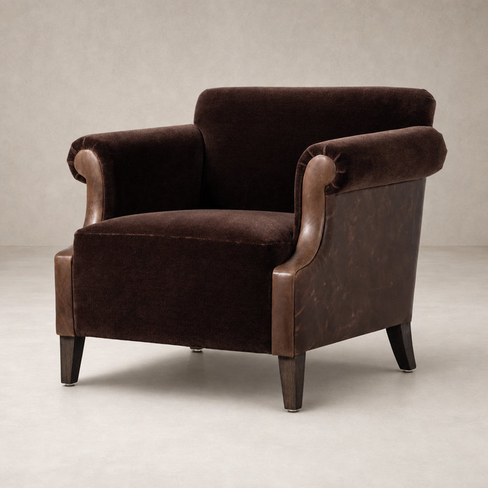Serena Chair in Monte Chocolate featuring plush upholstery and elegant curved arms.