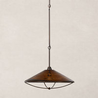 Amber glass pendant light with a sleek conical shape and metal detailing.