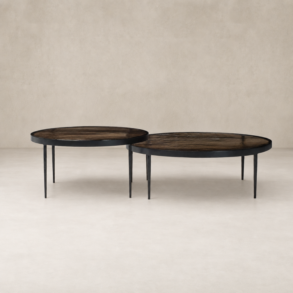 Kiko Nesting Tables set of 2 with smoked brown cast glass tops and black legs.