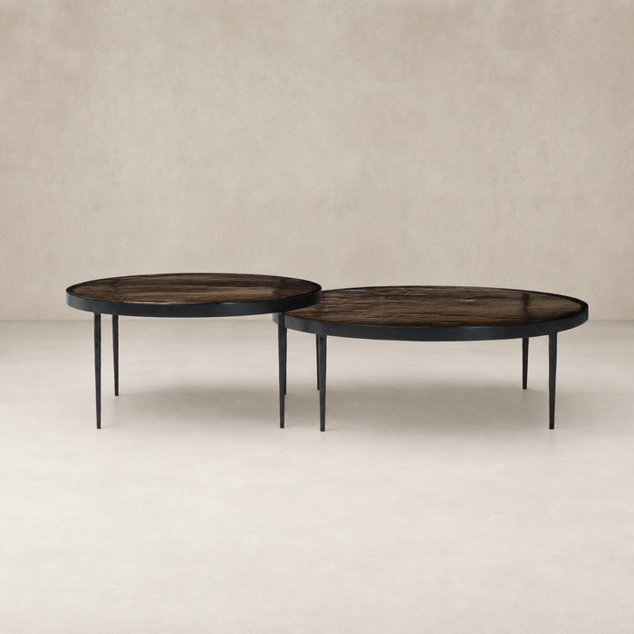 Kiko Nesting Tables set of 2 with smoked brown cast glass tops and black legs.
