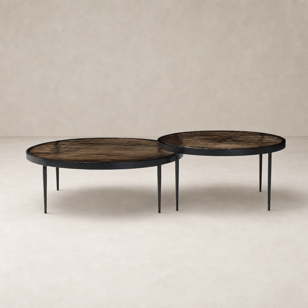 Kiko Nesting Tables set of 2 with smoked brown cast glass tops and slender black legs.
