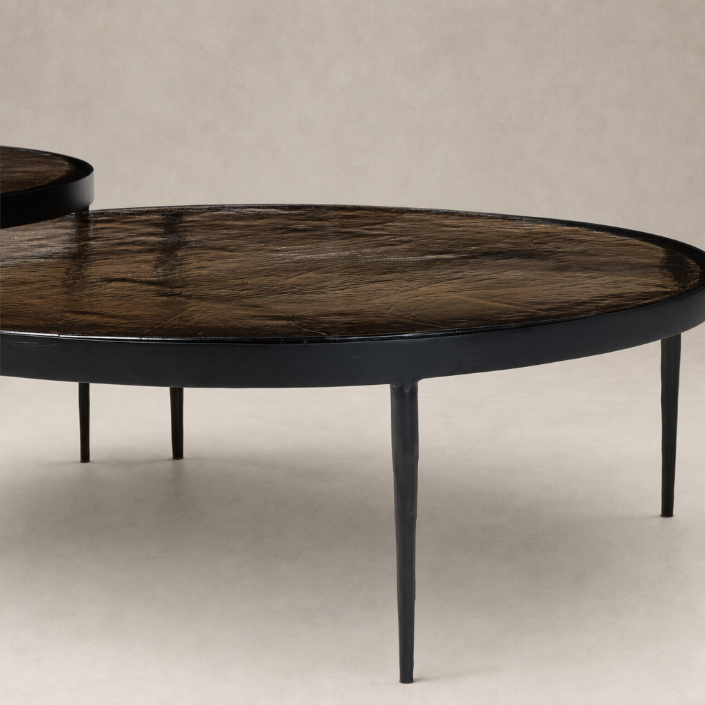 Kiko Nesting Tables set of 2 with smoked brown cast glass tops and sleek black legs.