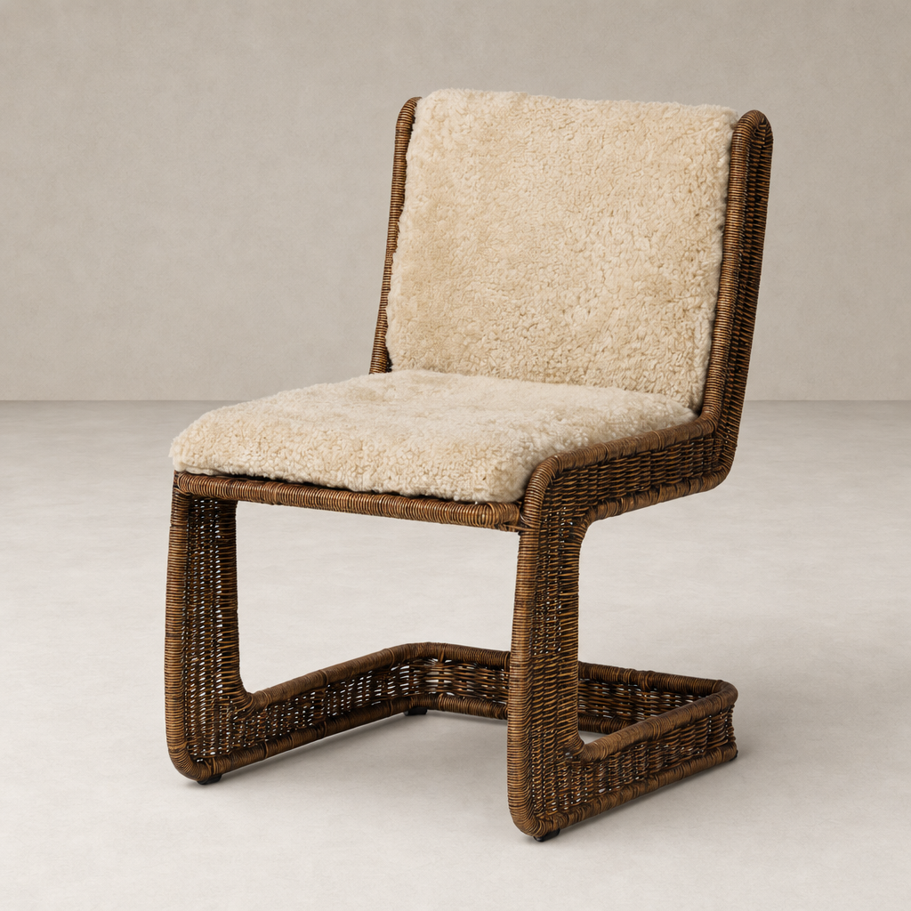 Beige shorn shearling Ingrid dining chair with a modern woven design.