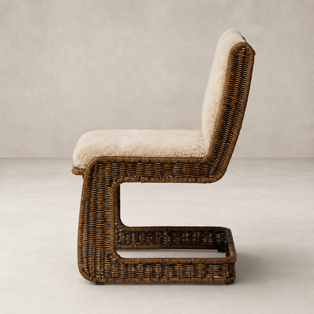 Ingrid Dining Chair in beige shorn shearling with a unique curved design.