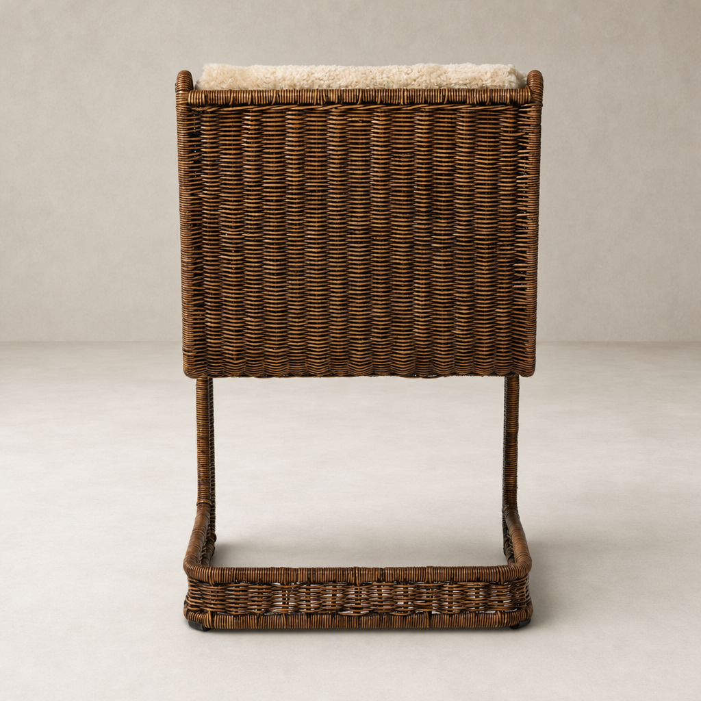 Beige Shorn Shearling Ingrid Dining Chair with woven basket-style base.