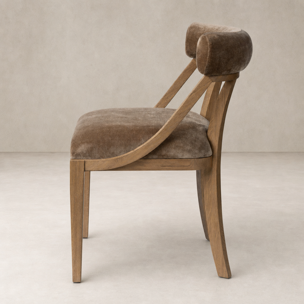 Elegant Altair Mushroom dining chair with curved backrest and wooden legs.