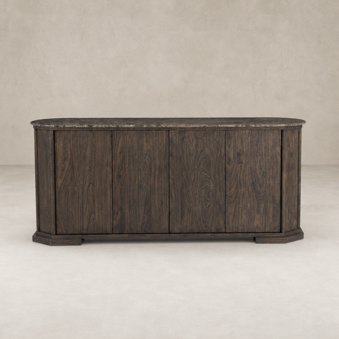Dark brown acacia Paolo sideboard with smooth curved edges and four doors.