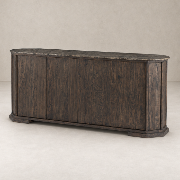 Paolo Sideboard in dark brown acacia with curved edges and smooth surface finish.
