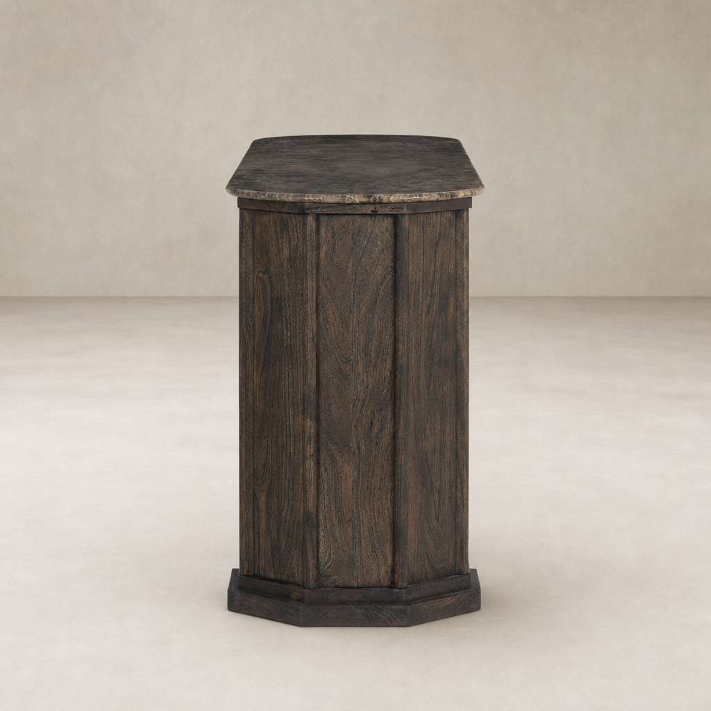 Paolo Sideboard in dark brown acacia with a unique octagonal shape and textured finish.