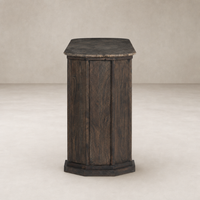 Paolo Sideboard in dark brown acacia with a unique octagonal shape and textured finish.