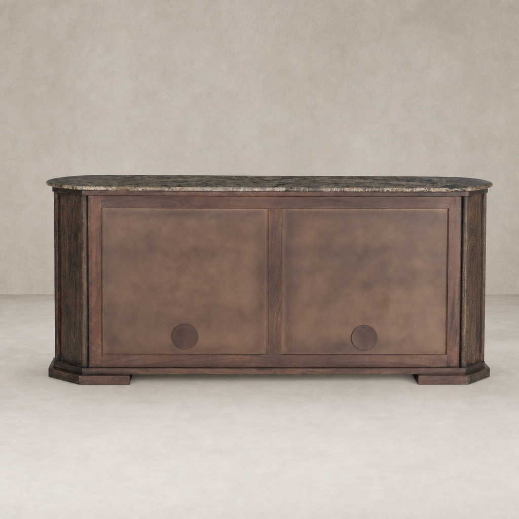 Paolo Sideboard in dark brown acacia with smooth surfaces and a sleek design.