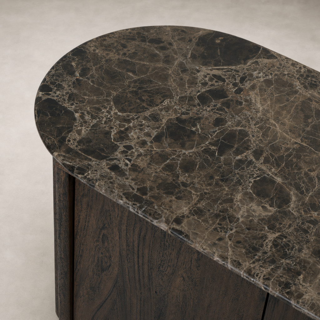 Close-up of the Paolo Sideboard's dark brown acacia wood and smooth, rounded marble top.