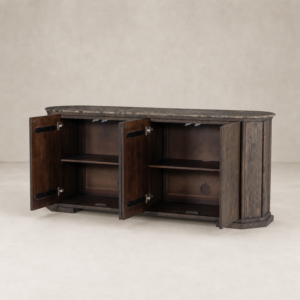 Paolo Sideboard in dark brown acacia with two open doors and shelves.