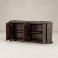 Paolo Sideboard in dark brown acacia with two open doors and shelves.