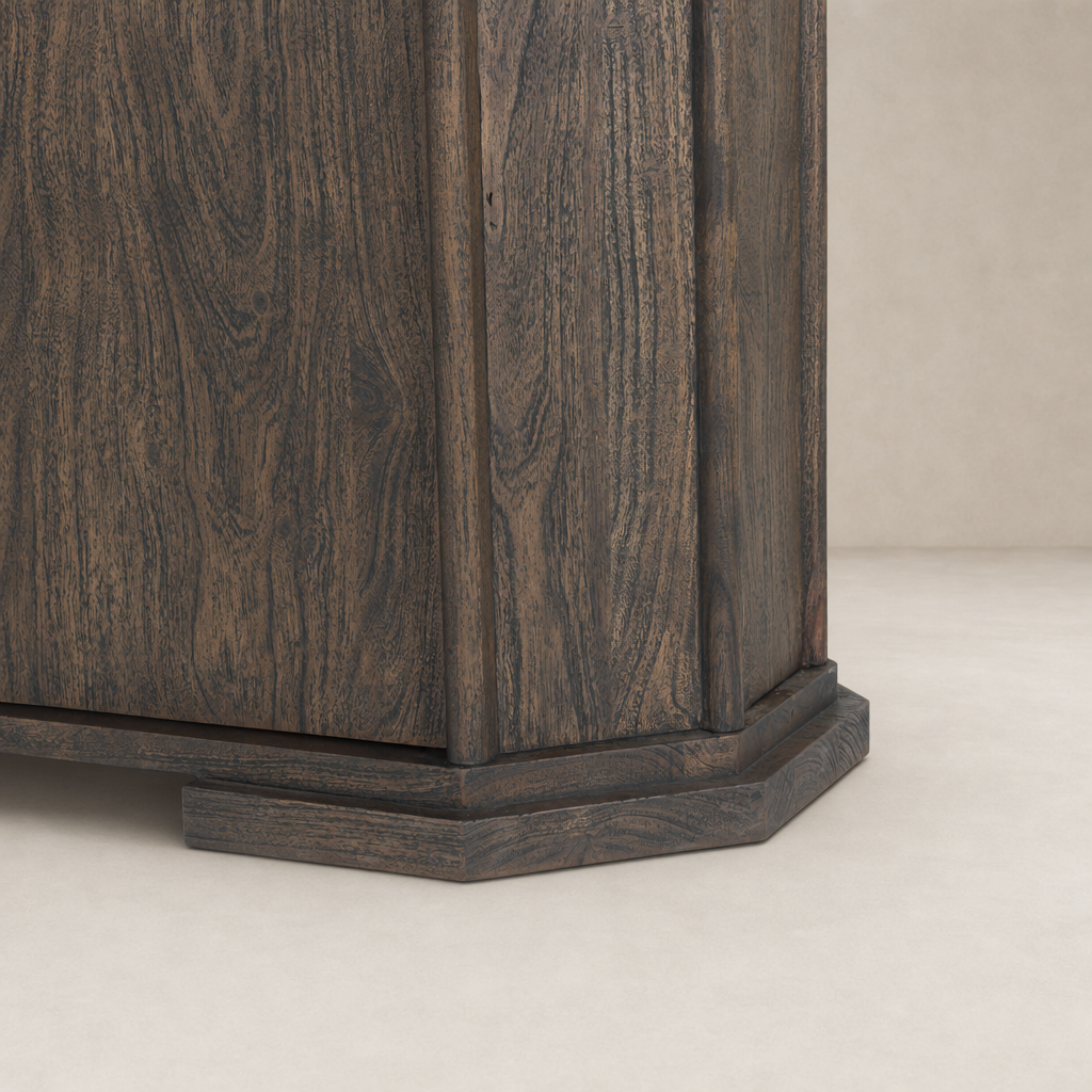 Dark brown acacia Paolo sideboard showcasing sleek octagonal base and wood grain texture.