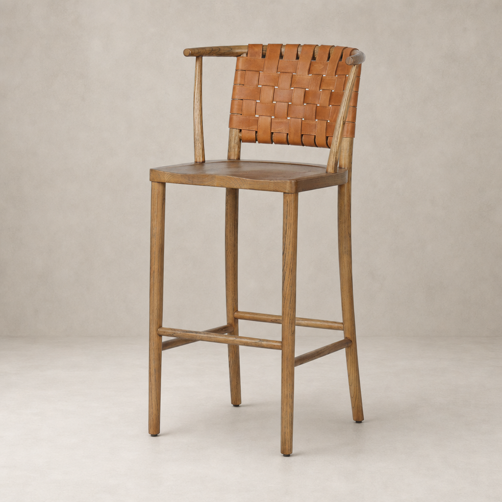 Berlin Bar + Counter Stool in Haven Tobacco with woven leather back and sturdy wooden frame.