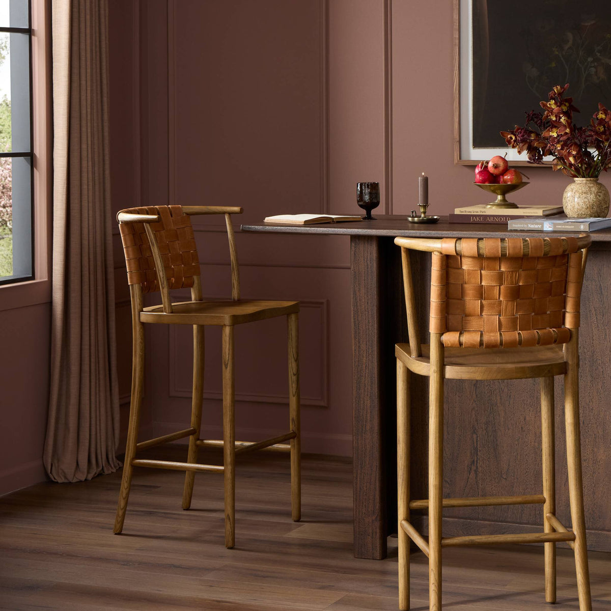 Berlin Bar + Counter Stool in Haven Tobacco with woven back detail and wooden legs.