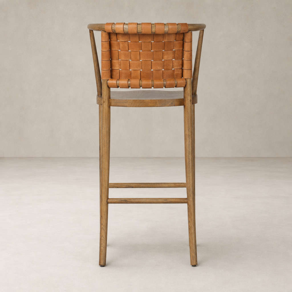 Berlin Bar + Counter Stool in Haven Tobacco with woven leather backrest and wooden frame.