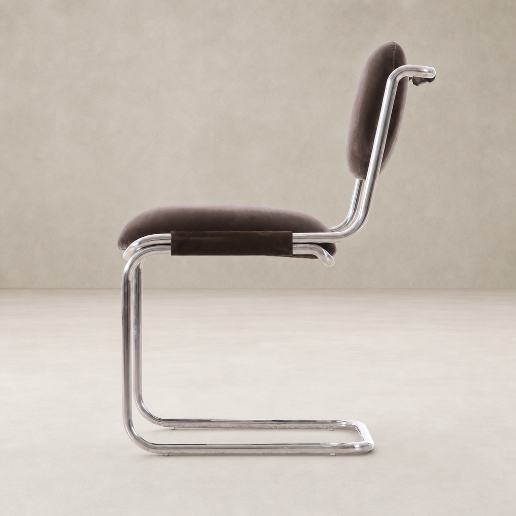 Surrey Mink dining chair with sleek chrome legs and a minimalist design.
