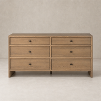 Sandy oak six drawer dresser with sleek design and minimalist style.