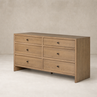 Sandy Oak six drawer dresser with smooth finish and black round knobs.