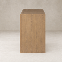 Sandy oak 6 drawer dresser showcasing a sleek, modern design with a smooth finish.