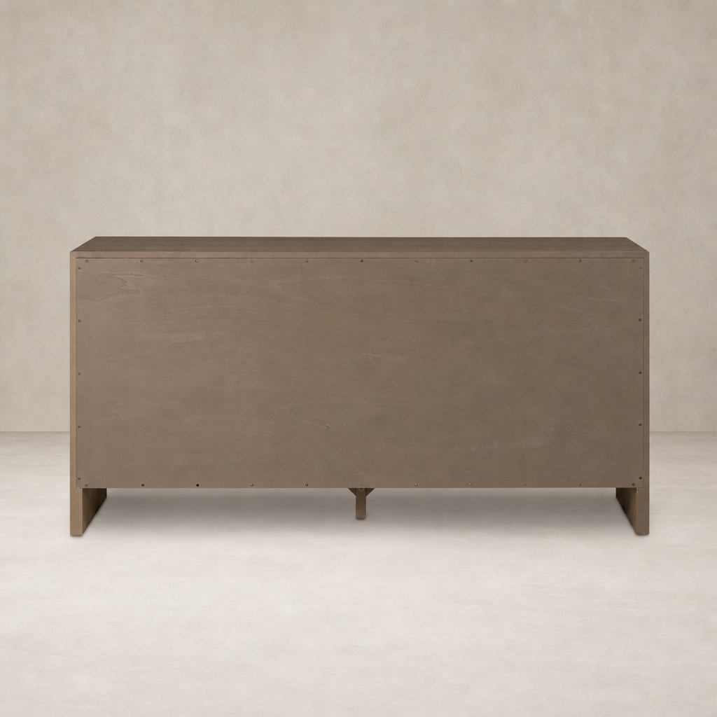 Sandy Oak 6 drawer dresser with a modern, minimalist design and sturdy legs.