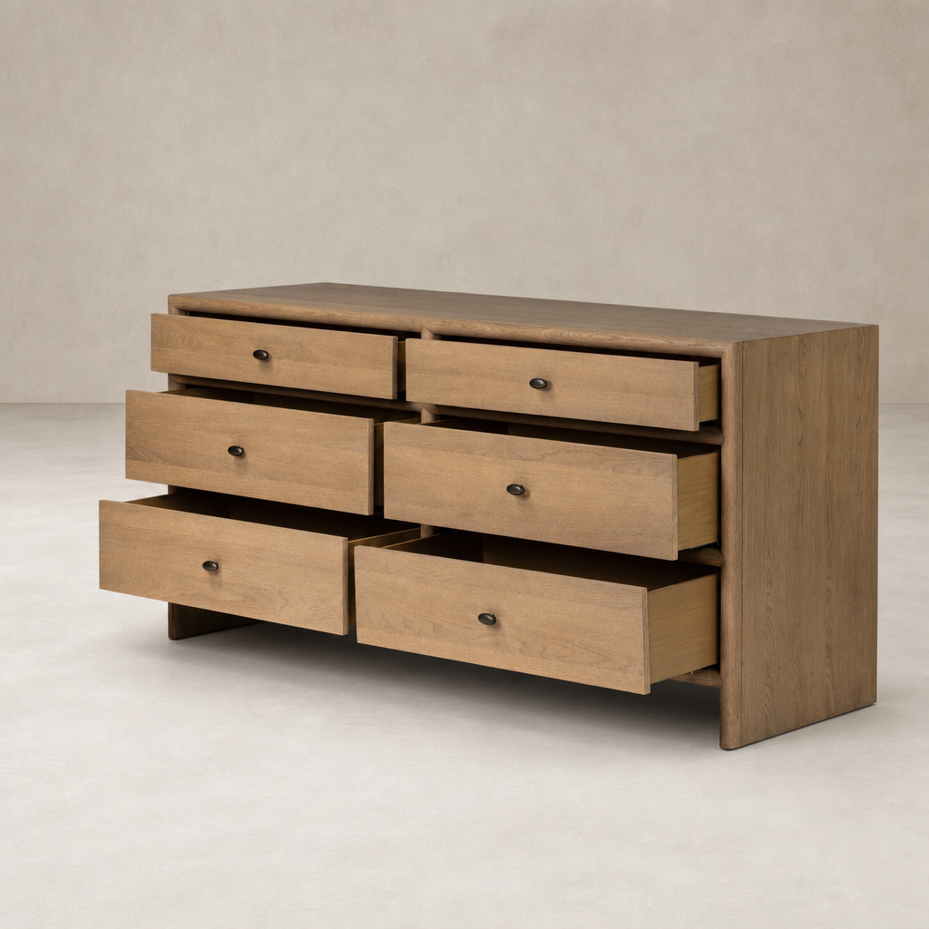 Sandy oak six drawer dresser with simple hardware and clean lines.