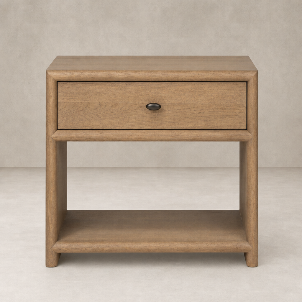 Sandy oak nightstand with a single drawer and open bottom shelf.