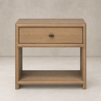 Sandy oak nightstand with a single drawer and open bottom shelf.