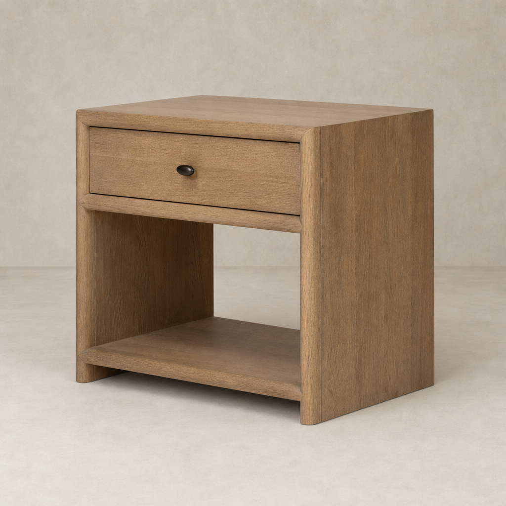 Sandy oak nightstand with a single drawer and open shelving for storage.