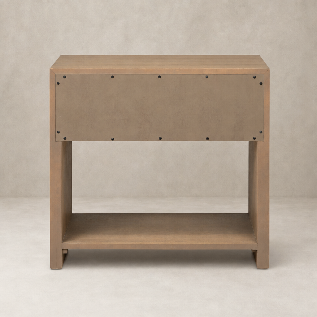 Sandy oak nightstand with a sleek, minimalist design and open lower shelf.