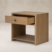 Sandy oak nightstand with open shelf and drawer showcasing a minimalist design.
