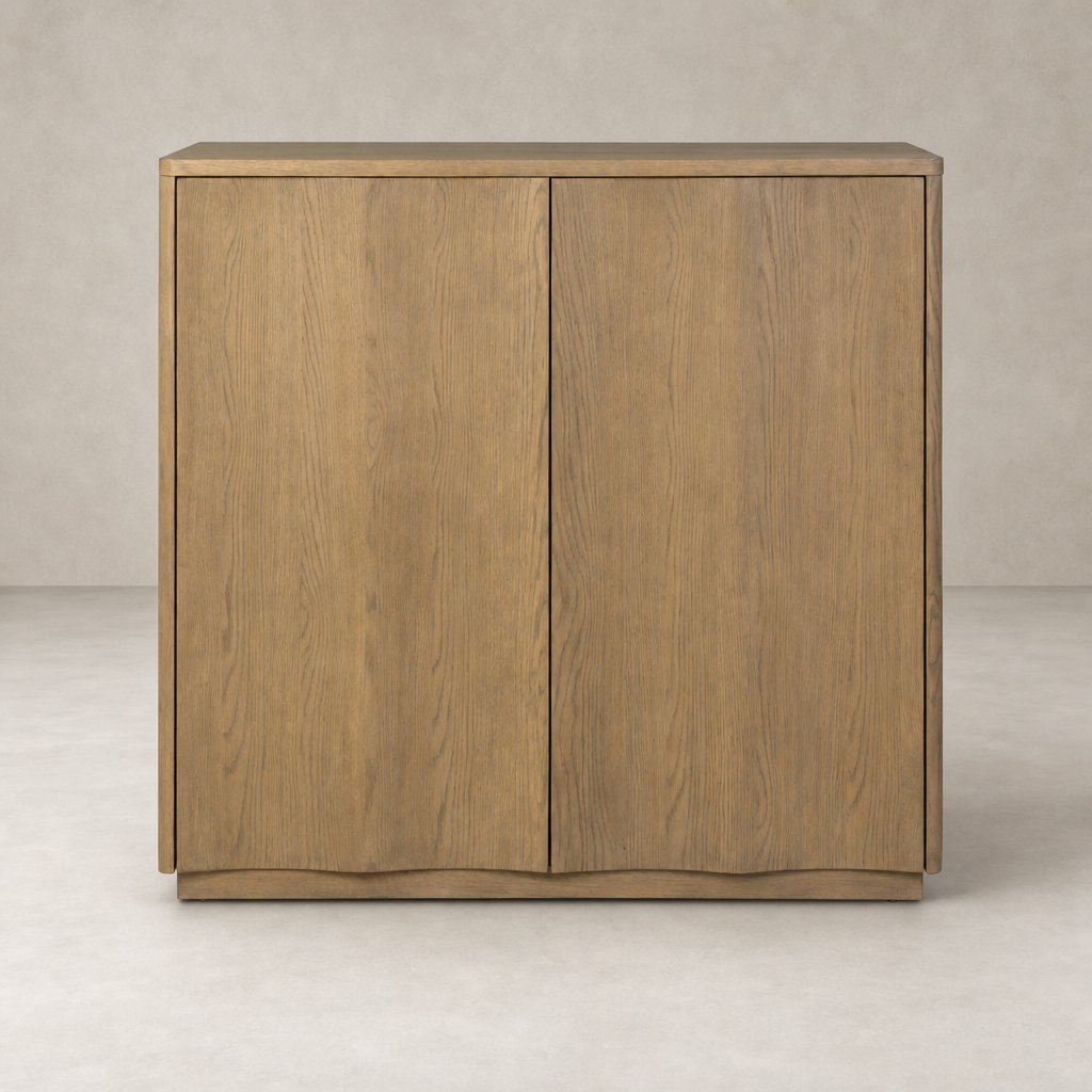 Felix Small Cabinet in drifted oak featuring sleek lines and minimalistic design.