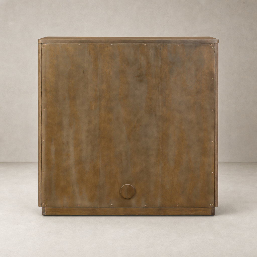 Felix Small Cabinet in Drifted Oak with a sleek, minimalist design and circular handle.