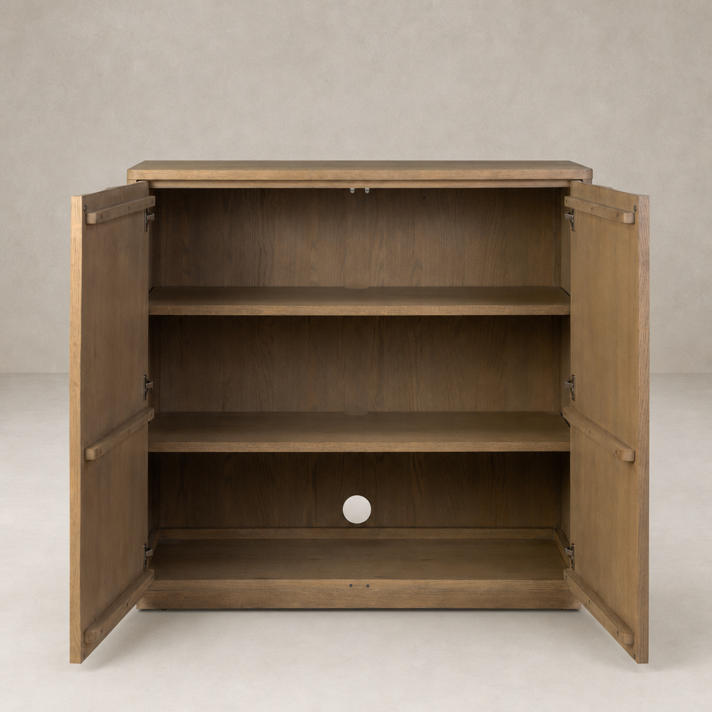 Felix Small Cabinet in drifted oak with two shelves and spacious interior.