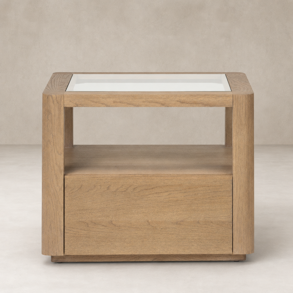 Silas End Table featuring a glass top and wood finish, ideal for modern interiors.
