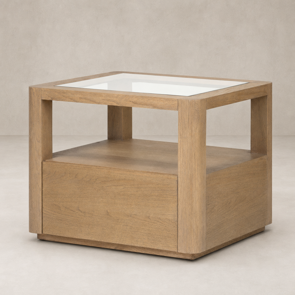 Silas End Table features a modern design with a glass top and wood finish.