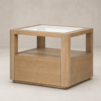 Silas End Table features a modern design with a glass top and wood finish.