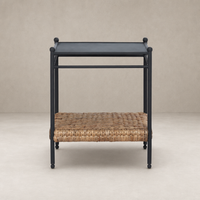 Colette End Table with a sleek black frame and woven natural fiber shelf.