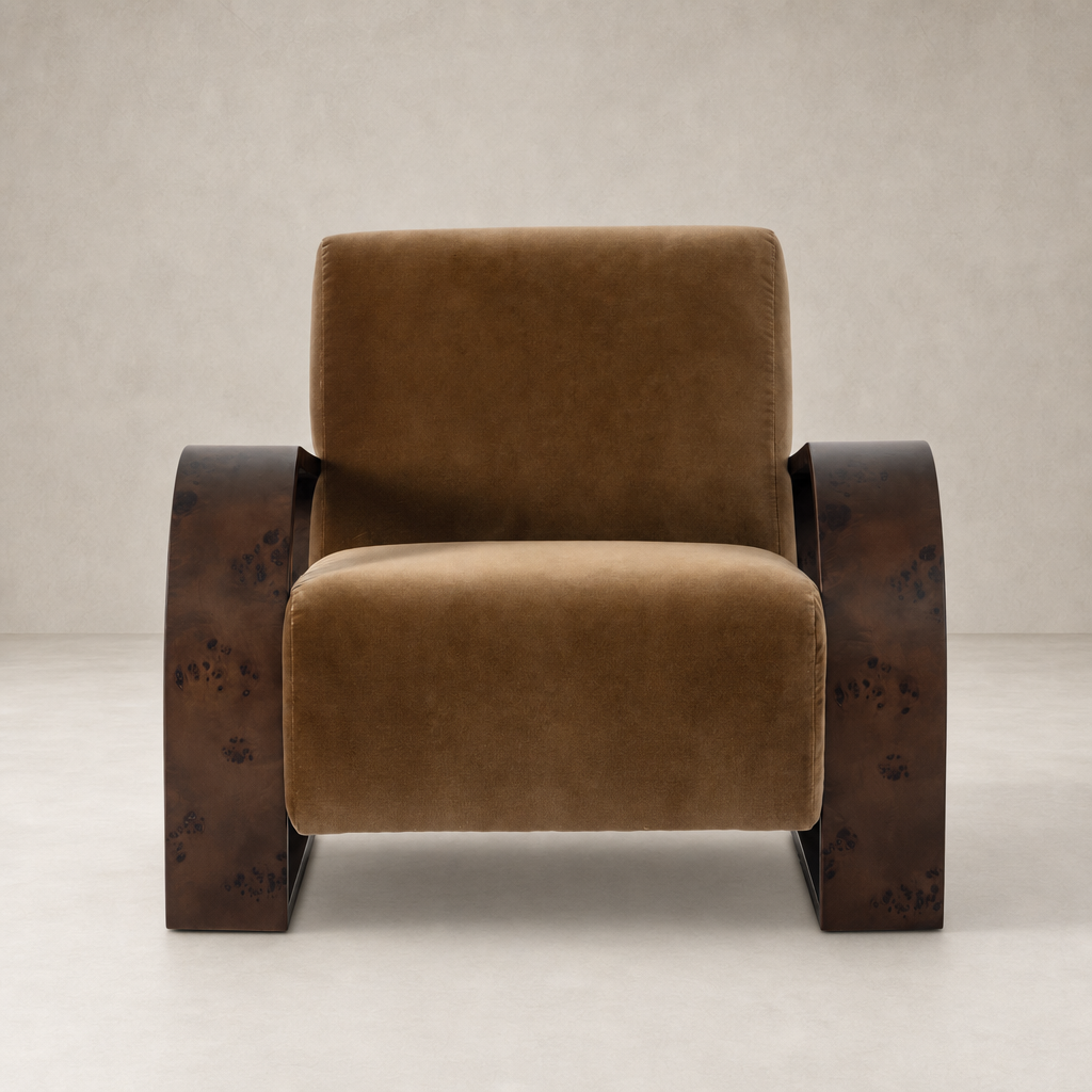 Orchid Chair in Surrey Ochre featuring plush upholstery and distinctive wooden arms.
