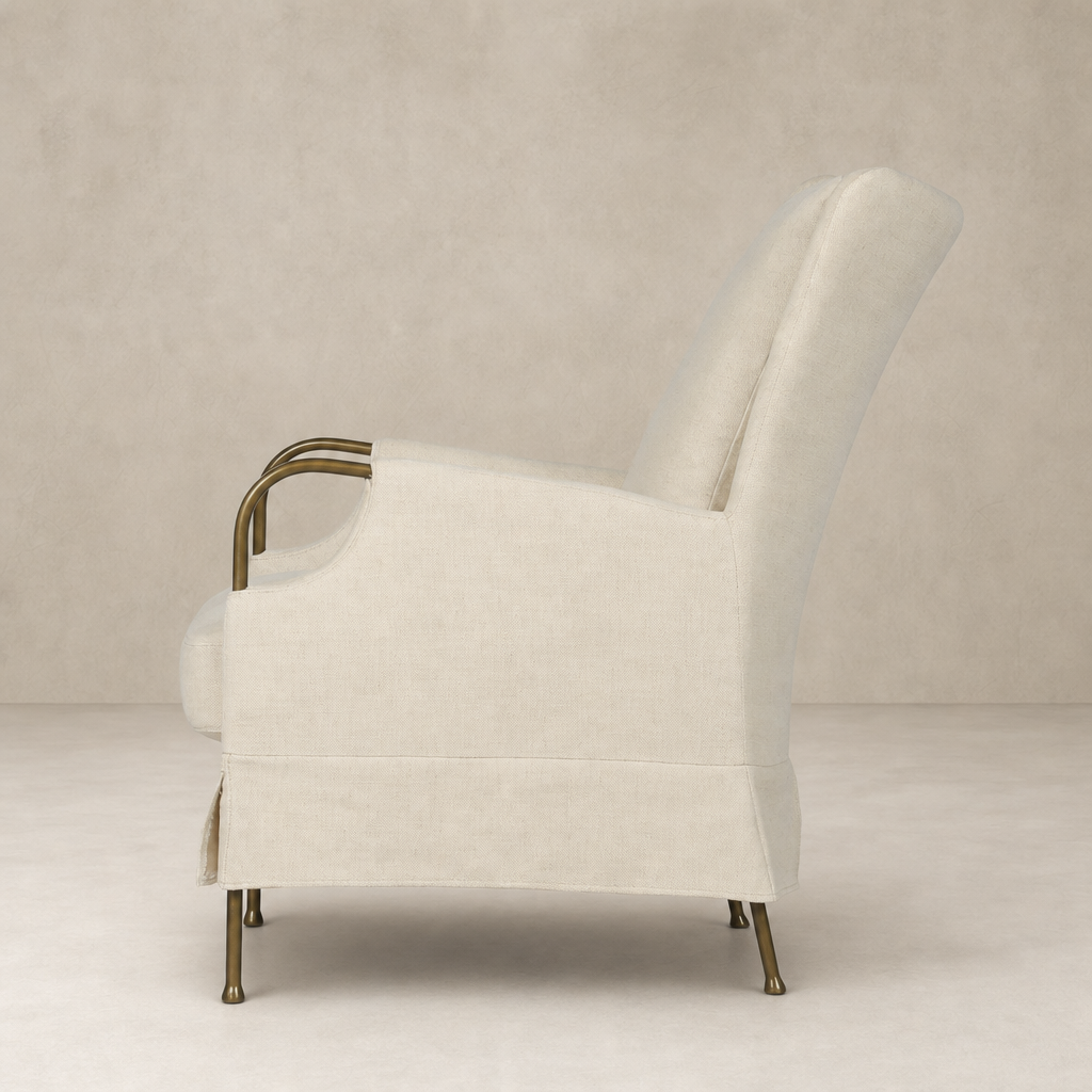 Side view of the Ada Chair in Bergamo Parchment with sleek lines and metal accents.
