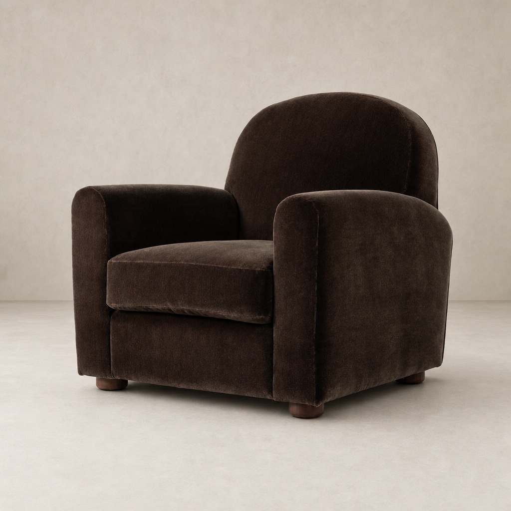 Chiara Chair in Monte Chocolate featuring rounded arms and soft, luxurious upholstery.
