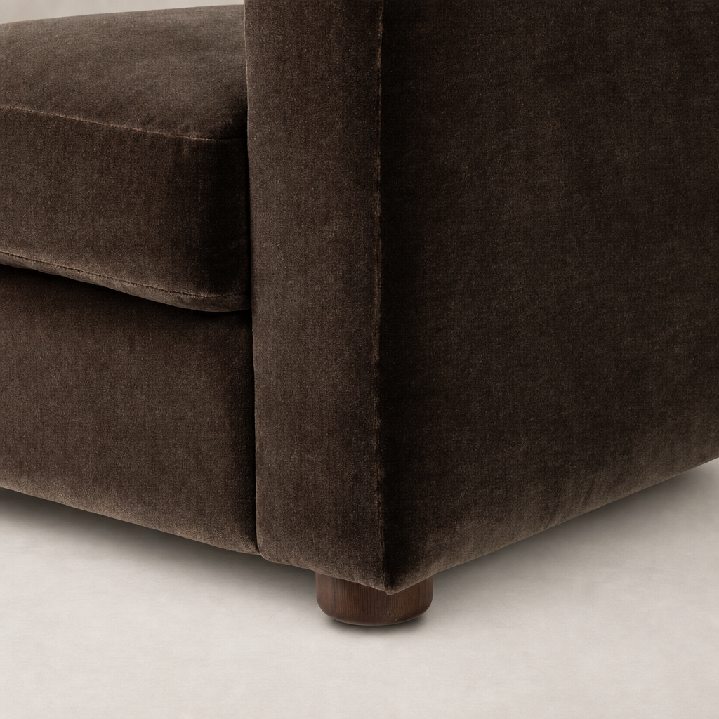 Chiara Chair in Monte Chocolate with soft velvet upholstery and rounded wooden leg.