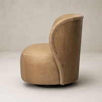 Misha Swivel Chair in Palermo Drift with a sleek, curved design and textured wood finish.