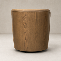 Misha Swivel Chair in Palermo Drift features a stylish curved wooden back with a sleek finish.