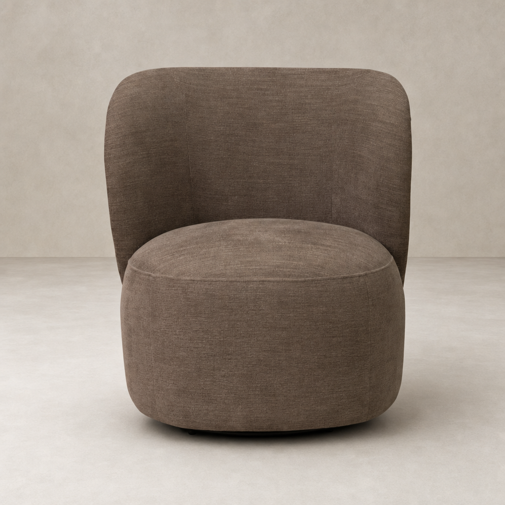 Misha Swivel Chair in Laughlin Cafe with rounded shape and soft fabric finish.